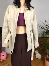 Load image into Gallery viewer, Vintage real suede leather trench coat off white cream beige jacket women S