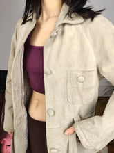 Load image into Gallery viewer, Vintage real suede leather trench coat off white cream beige jacket women S