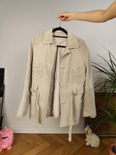 Load image into Gallery viewer, Vintage real suede leather trench coat off white cream beige jacket women S
