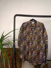 Load image into Gallery viewer, Vintage 100% silk shirt blouse green purple brown art crazy print pattern button up long sleeve Avanti women men unisex L