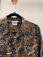 Load image into Gallery viewer, Vintage 100% silk shirt blouse green purple brown art crazy print pattern button up long sleeve Avanti women men unisex L