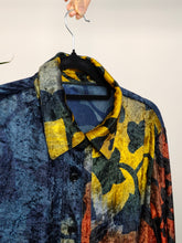 Load image into Gallery viewer, Vintage velvet blouse blue yellow red orange flower abstract print pattern long sleeve button up women M