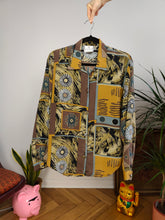 Load image into Gallery viewer, Vintage blouse brown yellow black white geo art print pattern long sleeve button up Sara women UK12 S