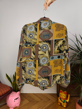 Load image into Gallery viewer, Vintage blouse brown yellow black white geo art print pattern long sleeve button up Sara women UK12 S
