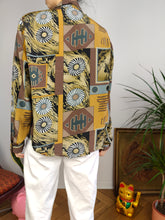 Load image into Gallery viewer, Vintage blouse brown yellow black white geo art print pattern long sleeve button up Sara women UK12 S