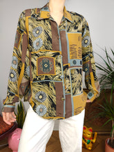 Load image into Gallery viewer, Vintage blouse brown yellow black white geo art print pattern long sleeve button up Sara women UK12 S