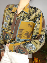 Load image into Gallery viewer, Vintage blouse brown yellow black white geo art print pattern long sleeve button up Sara women UK12 S