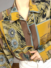 Load image into Gallery viewer, Vintage blouse brown yellow black white geo art print pattern long sleeve button up Sara women UK12 S