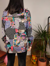 Load image into Gallery viewer, Vintage cotton viscose blouse shirt black purple art crazy print pattern long sleeve button up women S-M