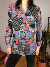 Load image into Gallery viewer, Vintage cotton viscose blouse shirt black purple art crazy print pattern long sleeve button up women S-M