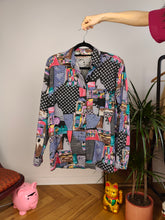 Load image into Gallery viewer, Vintage cotton viscose blouse shirt black purple art crazy print pattern long sleeve button up women S-M