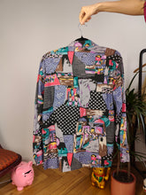 Load image into Gallery viewer, Vintage cotton viscose blouse shirt black purple art crazy print pattern long sleeve button up women S-M