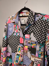 Load image into Gallery viewer, Vintage cotton viscose blouse shirt black purple art crazy print pattern long sleeve button up women S-M