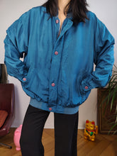 Load image into Gallery viewer, Vintage silk bomber jacket blouson blue light spring summer women unisex men 50 L