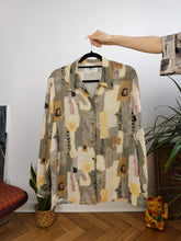 Load image into Gallery viewer, Vintage blouse beige sage cream art print pattern long sleeve button up New Fast women 40 S-M