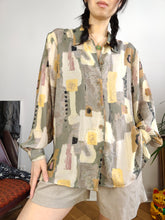 Load image into Gallery viewer, Vintage blouse beige sage cream art print pattern long sleeve button up New Fast women 40 S-M