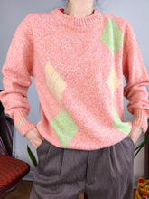 Load image into Gallery viewer, Vintage cashmere lambs wool knit knitted sweater orange argyle diamond pattern pullover jumper women S-M