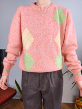 Load image into Gallery viewer, Vintage cashmere lambs wool knit knitted sweater orange argyle diamond pattern pullover jumper women S-M