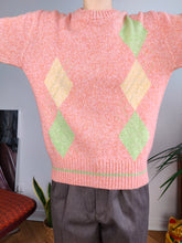 Load image into Gallery viewer, Vintage cashmere lambs wool knit knitted sweater orange argyle diamond pattern pullover jumper women S-M