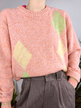 Load image into Gallery viewer, Vintage cashmere lambs wool knit knitted sweater orange argyle diamond pattern pullover jumper women S-M