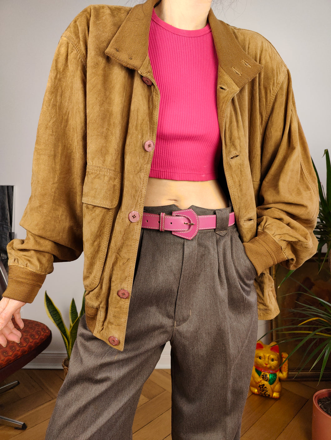 Vintage 100% suede leather bomber jacket tan brown coat unisex women men S-M