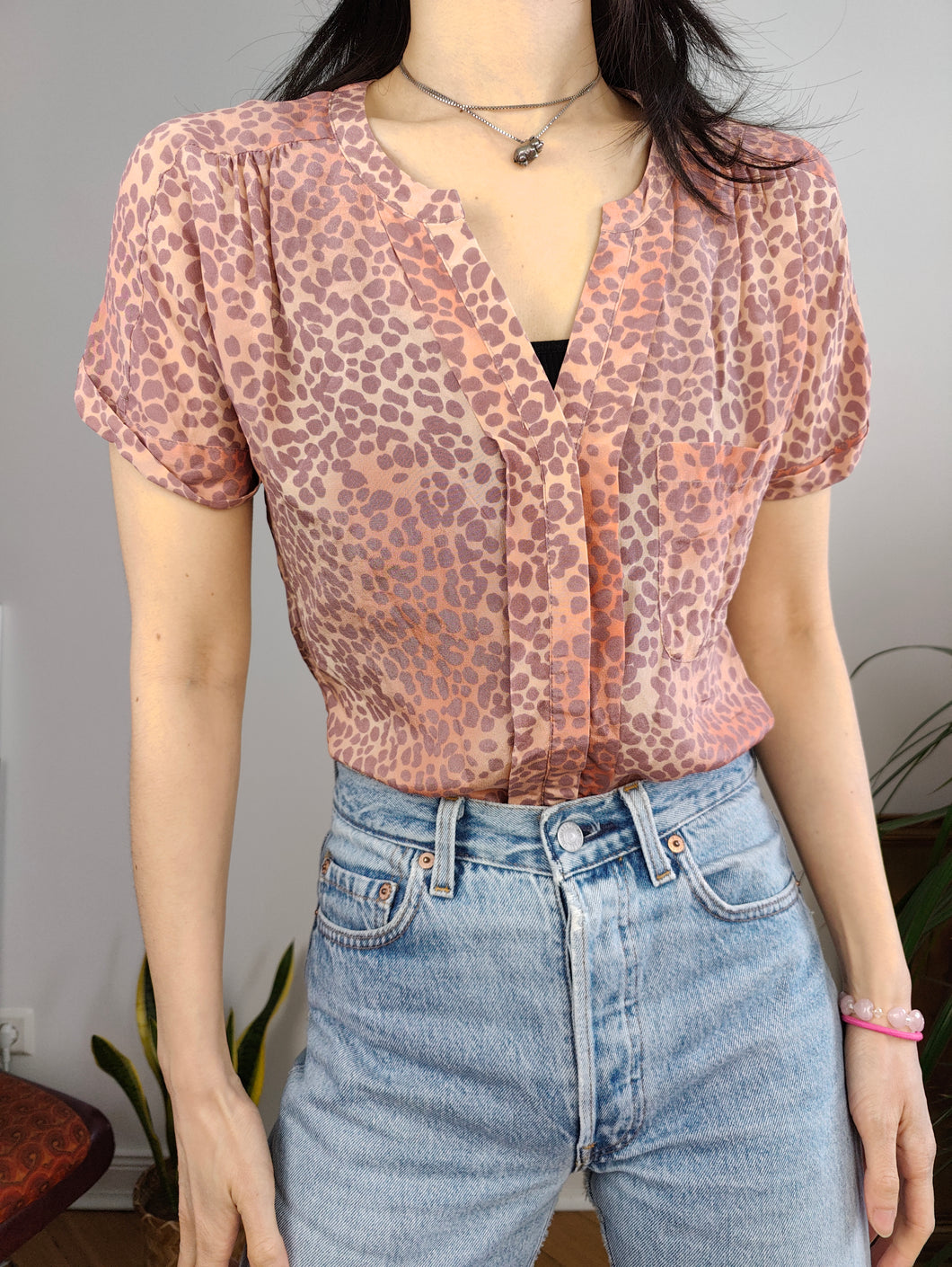 Vintage silk blouse leopard animal print pattern pink short sleeve women S