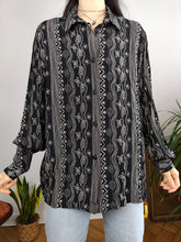 Load image into Gallery viewer, Vintage viscose blouse black white art stripe print pattern long sleeve button up women 44 M