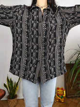 Load image into Gallery viewer, Vintage viscose blouse black white art stripe print pattern long sleeve button up women 44 M