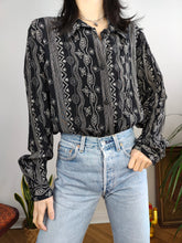 Load image into Gallery viewer, Vintage viscose blouse black white art stripe print pattern long sleeve button up women 44 M
