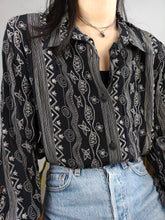 Load image into Gallery viewer, Vintage viscose blouse black white art stripe print pattern long sleeve button up women 44 M
