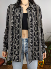 Load image into Gallery viewer, Vintage viscose blouse black white art stripe print pattern long sleeve button up women 44 M