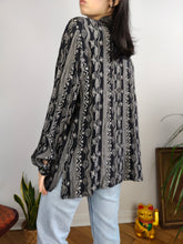 Load image into Gallery viewer, Vintage viscose blouse black white art stripe print pattern long sleeve button up women 44 M