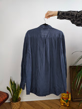 Load image into Gallery viewer, Vintage 100% silk shirt blouse blue navy long sleeve button up plain Rigany 44 M-L

