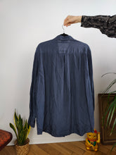 Load image into Gallery viewer, Vintage 100% silk shirt blouse blue navy long sleeve button up plain Rigany 44 M-L