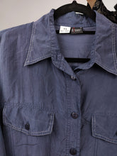 Load image into Gallery viewer, Vintage 100% silk shirt blouse blue navy long sleeve button up plain Rigany 44 M-L