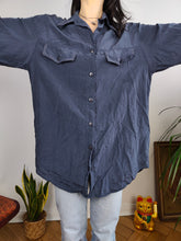 Load image into Gallery viewer, Vintage 100% silk shirt blouse blue navy long sleeve button up plain Rigany 44 M-L