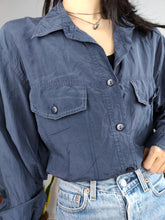 Load image into Gallery viewer, Vintage 100% silk shirt blouse blue navy long sleeve button up plain Rigany 44 M-L