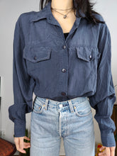 Load image into Gallery viewer, Vintage 100% silk shirt blouse blue navy long sleeve button up plain Rigany 44 M-L

