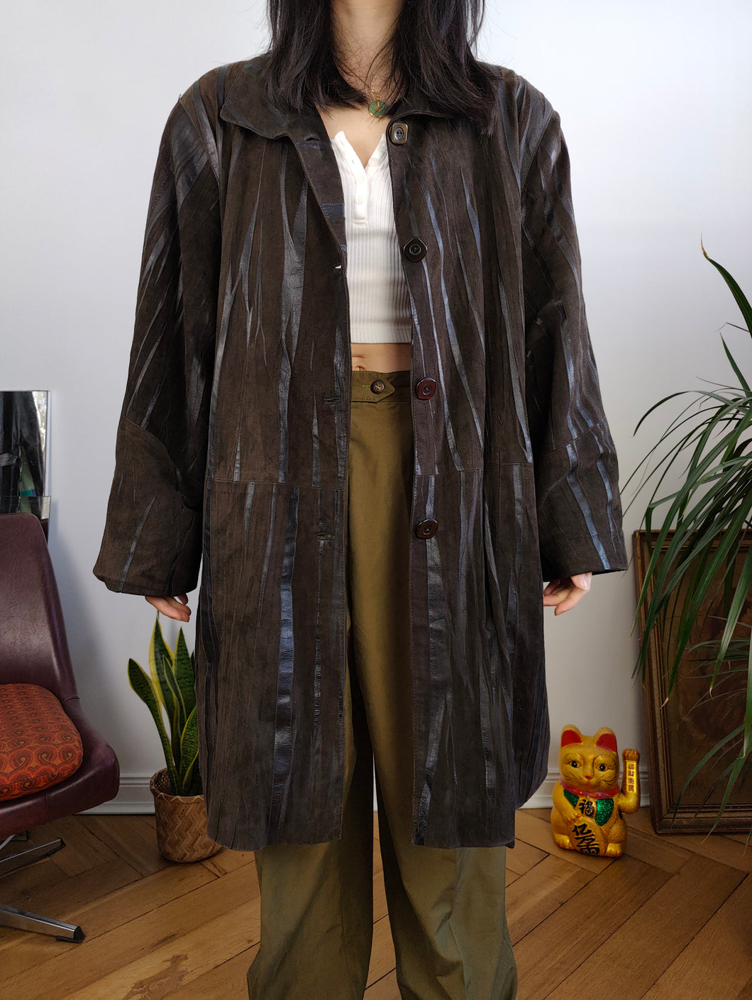 Vintage 100% suede leather coat brown stripe pattern jacket women Yepelin XL-XXL