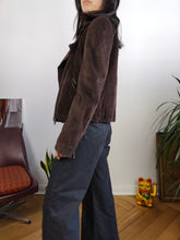 Load image into Gallery viewer, Vintage 100% suede leather jacket brown short crop biker Rosalbar Valentini Italy 42 S