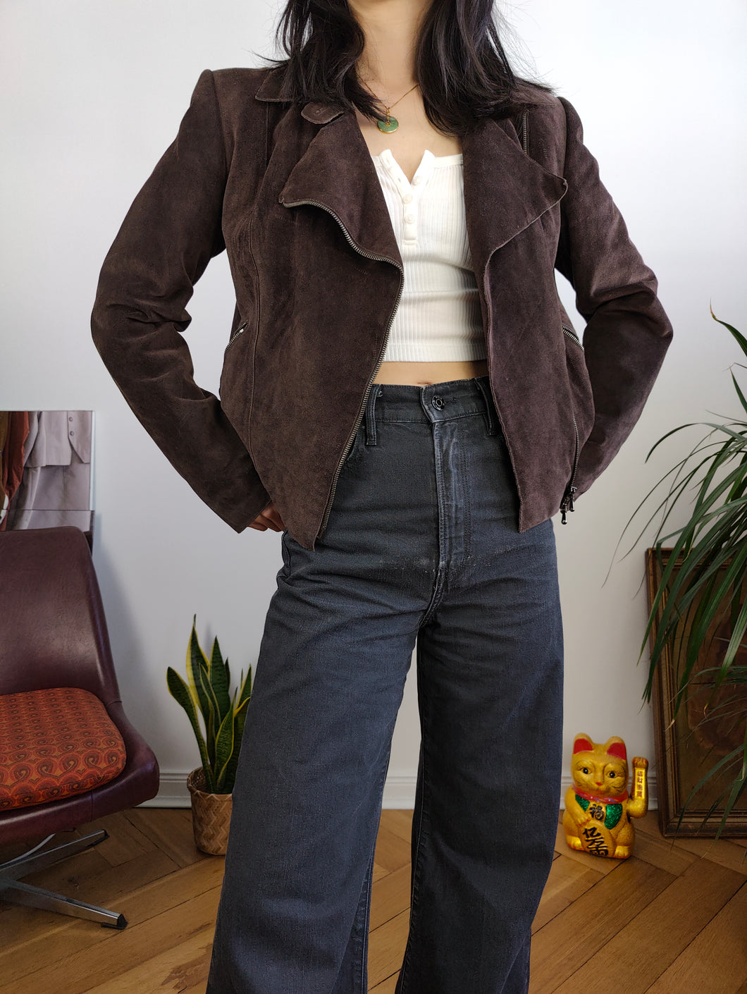 Vintage 100% suede leather jacket brown short crop biker Rosalbar Valentini Italy 42 S