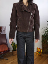 Load image into Gallery viewer, Vintage 100% suede leather jacket brown short crop biker Rosalbar Valentini Italy 42 S