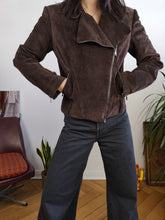 Load image into Gallery viewer, Vintage 100% suede leather jacket brown short crop biker Rosalbar Valentini Italy 42 S
