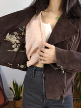 Load image into Gallery viewer, Vintage 100% suede leather jacket brown short crop biker Rosalbar Valentini Italy 42 S