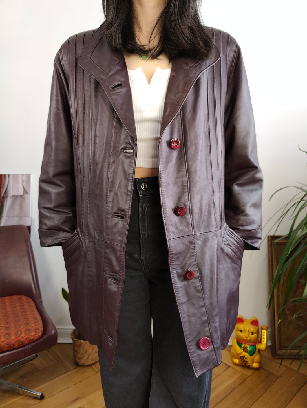 Vintage 100% nappa leather coat burgundy red purple jacket women Matrix 44 M