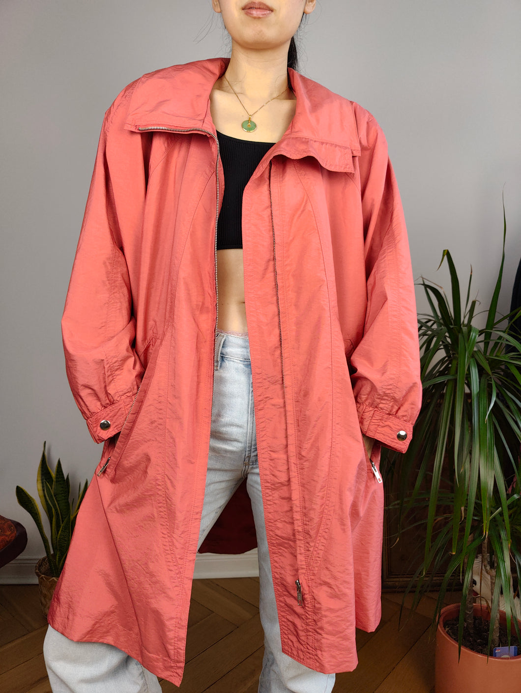 Vintage Marcel Clair orange pink parka coat trench midi long light spring summer women 42 L