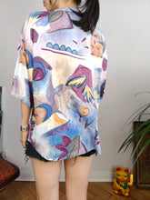 Load image into Gallery viewer, Vintage shirt blouse crazy art print pattern purple blue white floral short sleeve West Germany M-L
