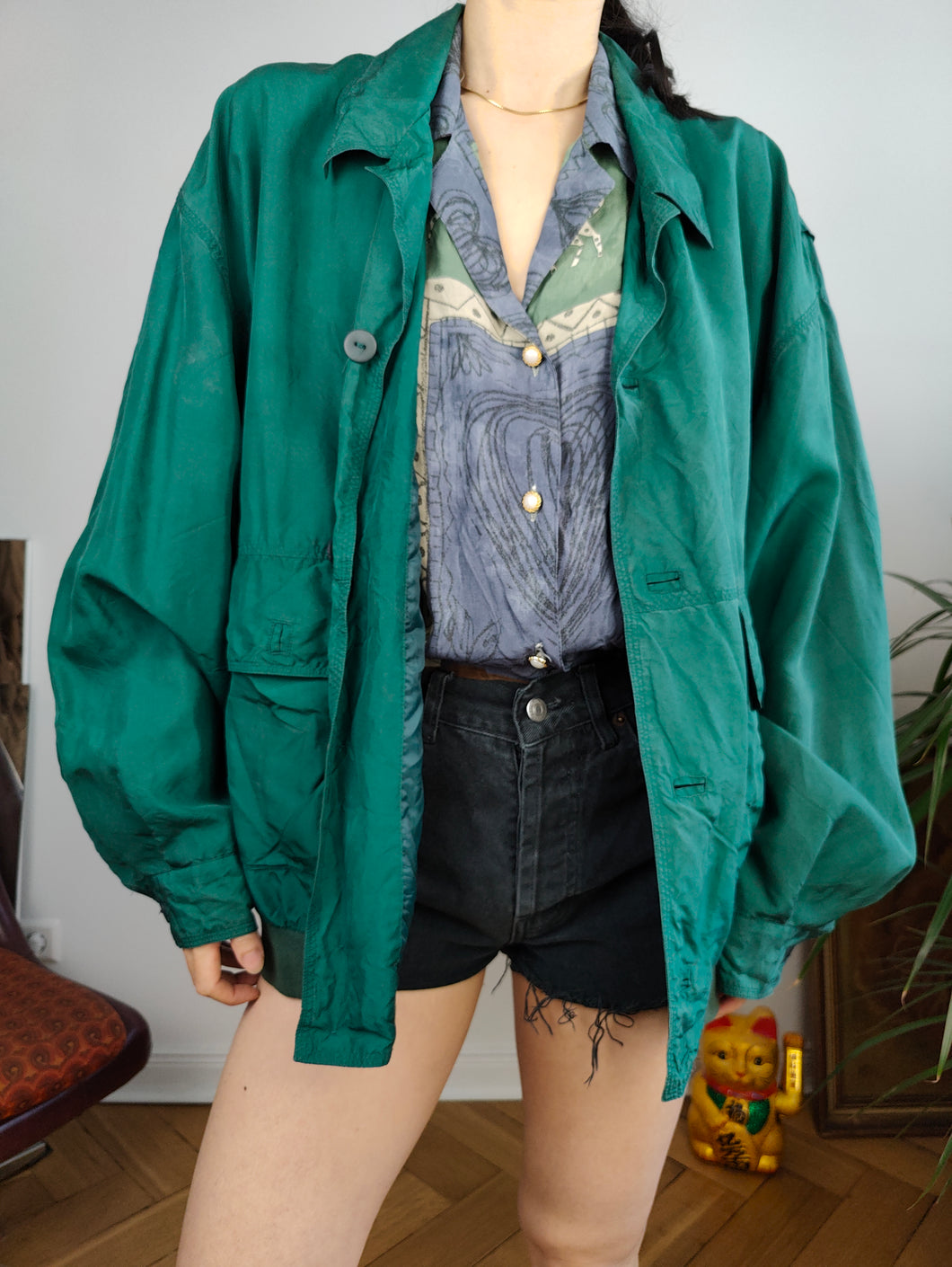 Vintage 90s silk bomber jacket blouson green light spring summer women unisex men 50 L