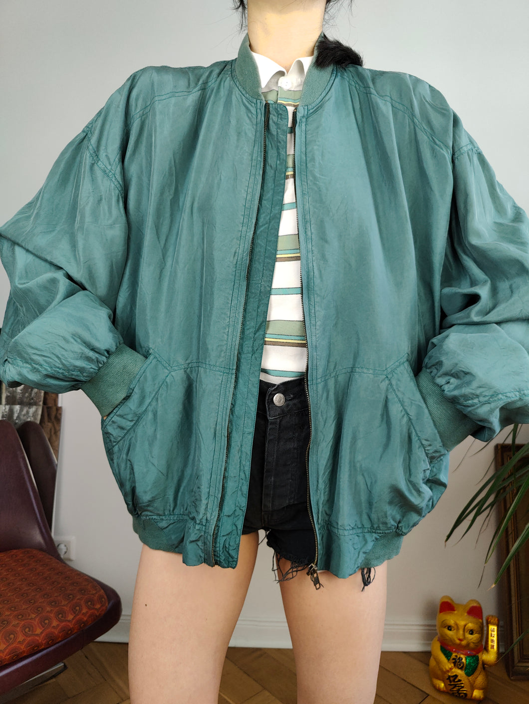 Vintage 90s silk bomber jacket blouson green light spring summer women unisex men 52/54 XL