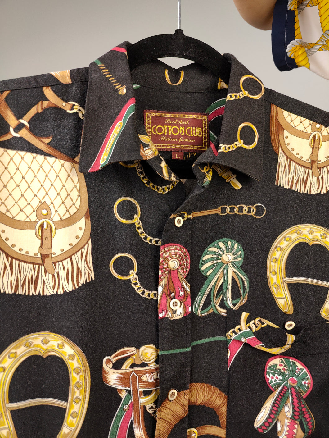 Vintage viscose shirt baroque print pattern black handbag chains equestrian short sleeve women men unisex L